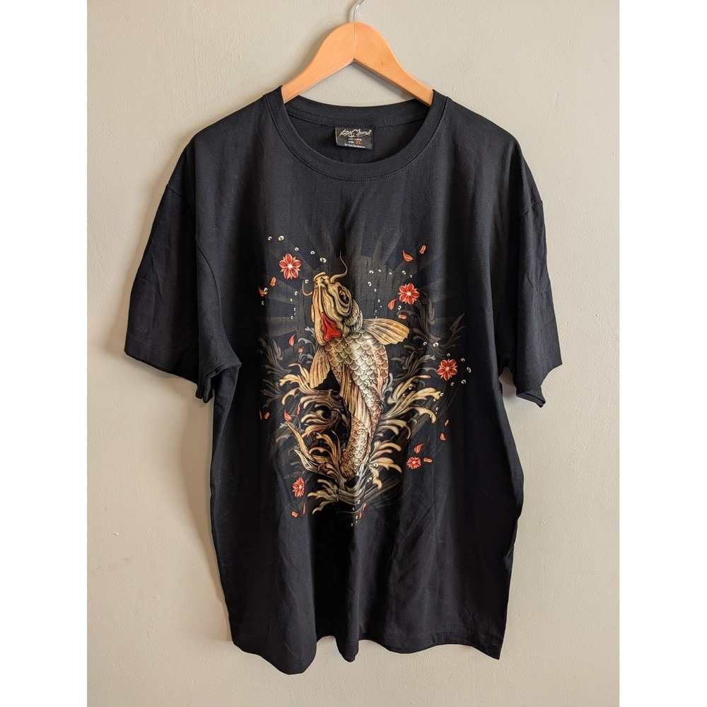 Rock Chang Mens XL Black Koi Fish Glow in the Dark Graphic T-Shirt Cotton